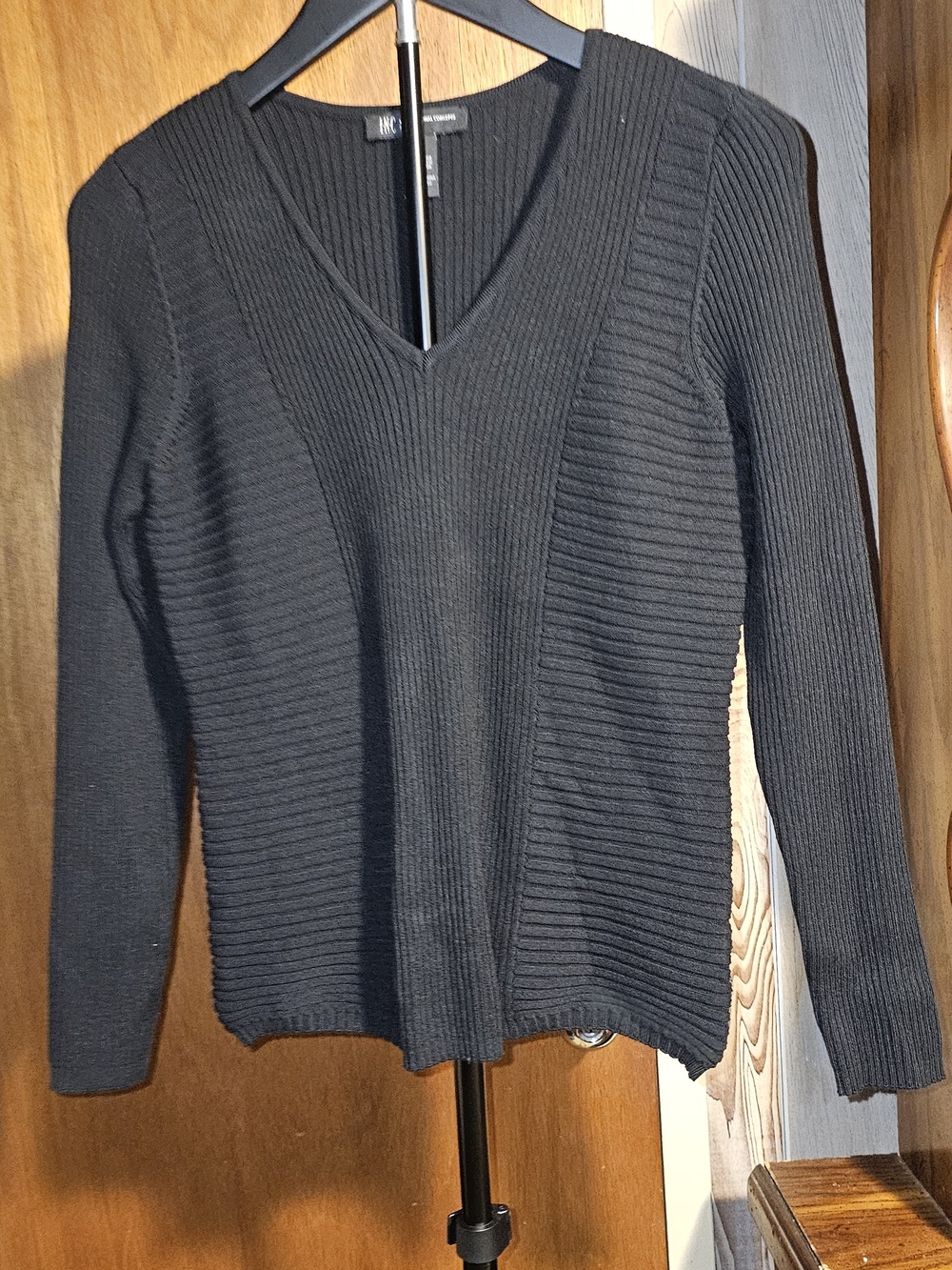 INC International Concepts Black Ribbed V-Neck Petite Sweater